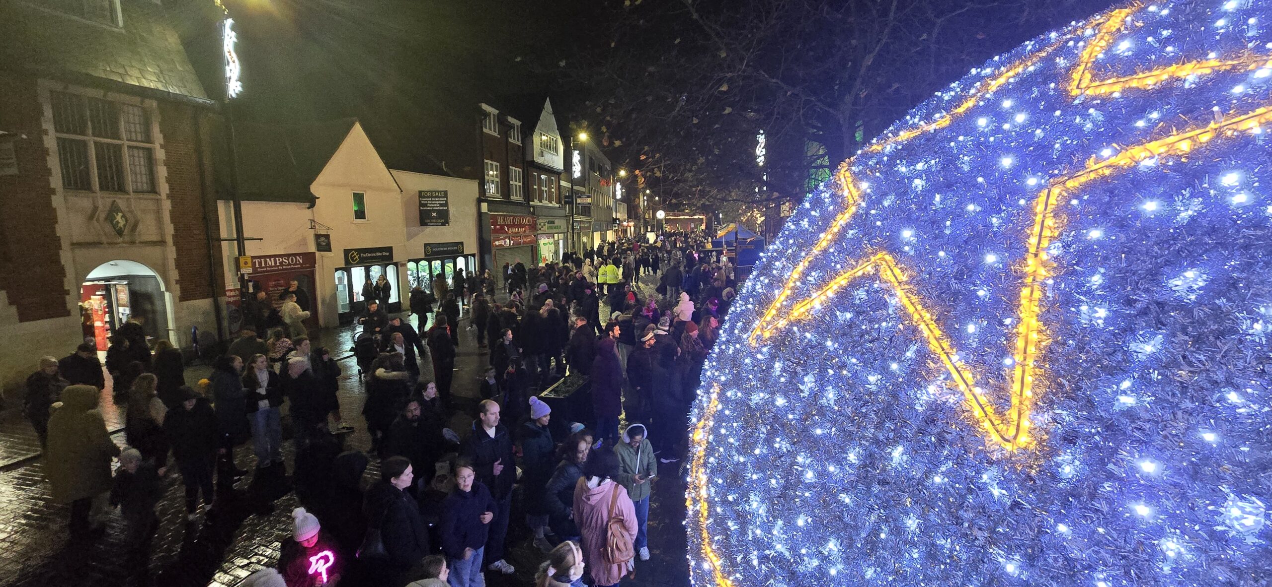 street with crowds looking at Christmas lights